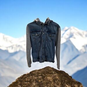 Divided Denim Jacket with Hood Sz Medium Unisex Snap Up 2 Pockets-Stretch Denim